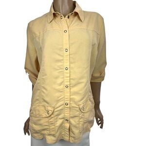 Chico's Size 1/ M Yellow Top Snap Front Roll Tab Sleeve Boxy Modal/Polyester